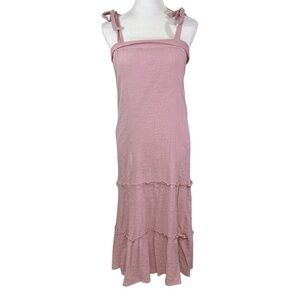 🌸Flower & Feather Pink Boho Long Dress w/ Tie Tank Sleeves- Size S